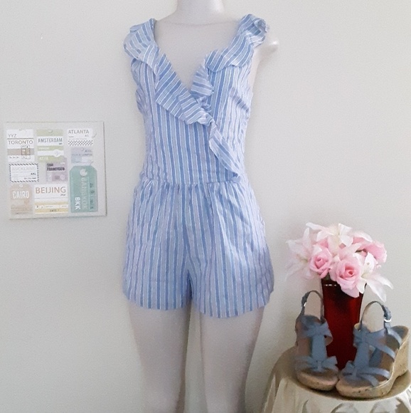 Aqua Pants - Blue White Striped Romper Medium